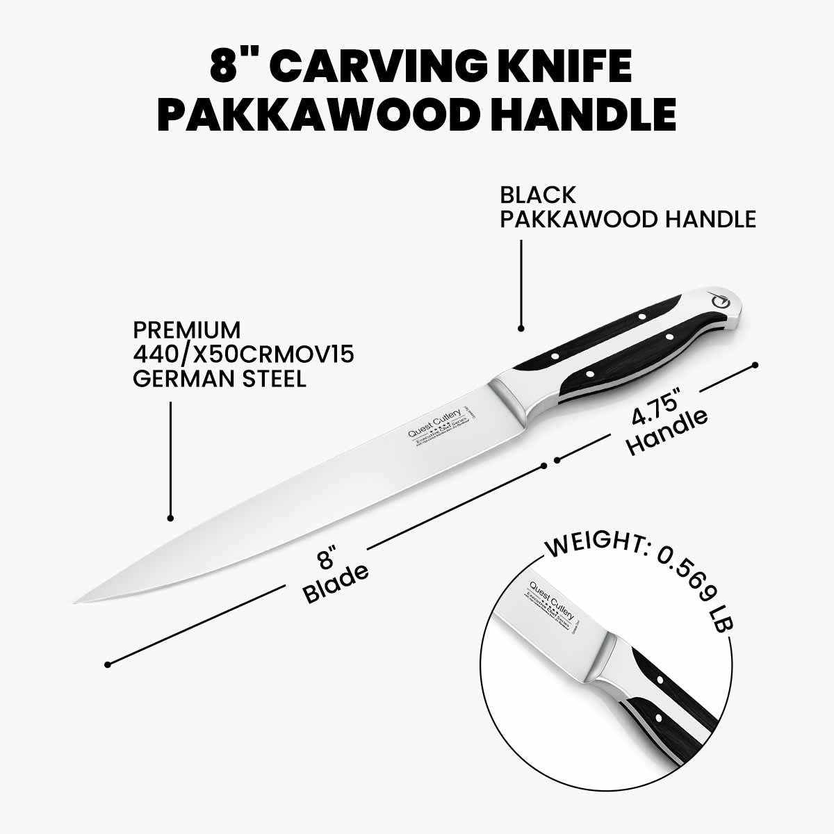 Quest Pointed Carving Knife, 8" Dark Pakkawood