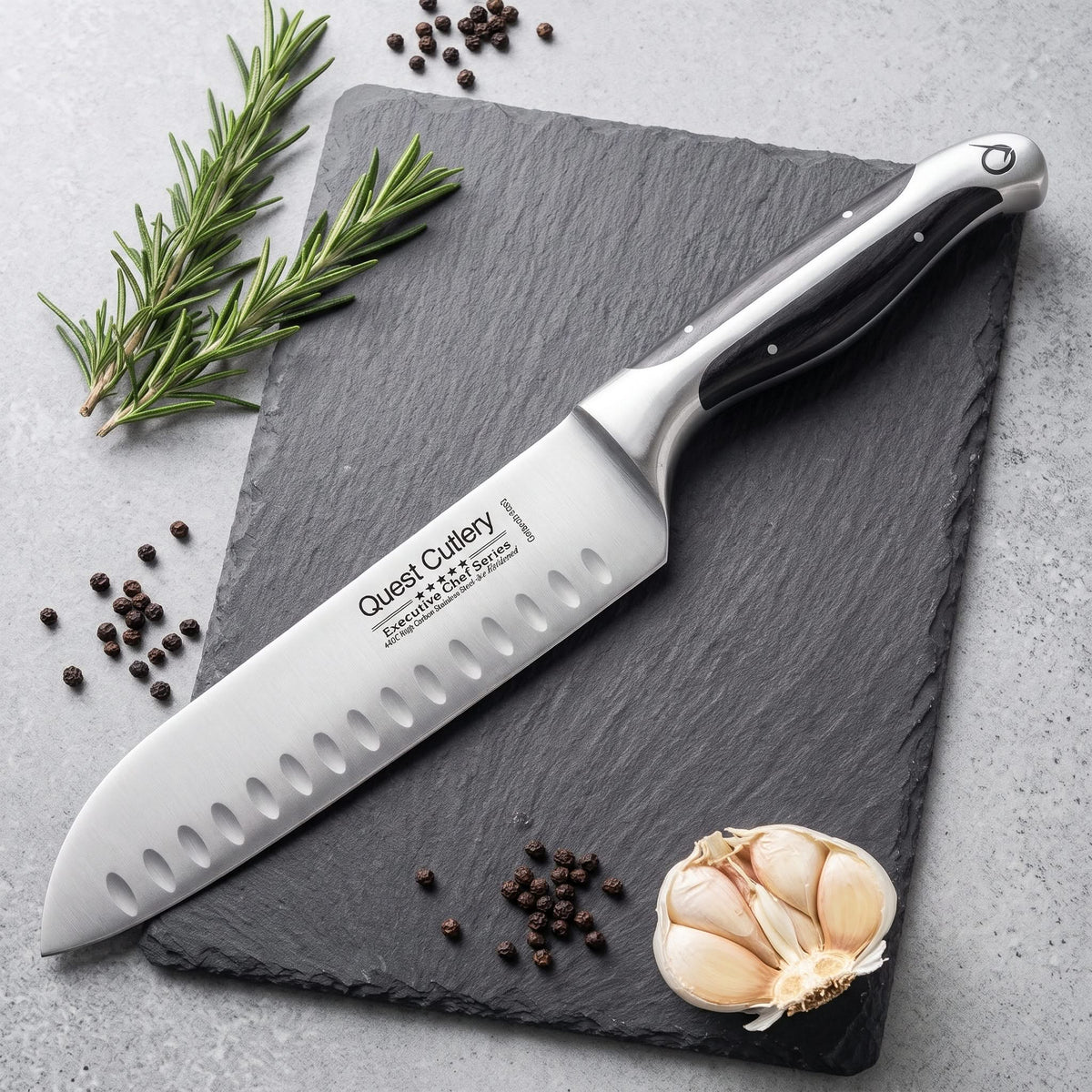Quest Cutlery 7" Santoku Knife – Forged German Steel, Dark Pakkawood Handle