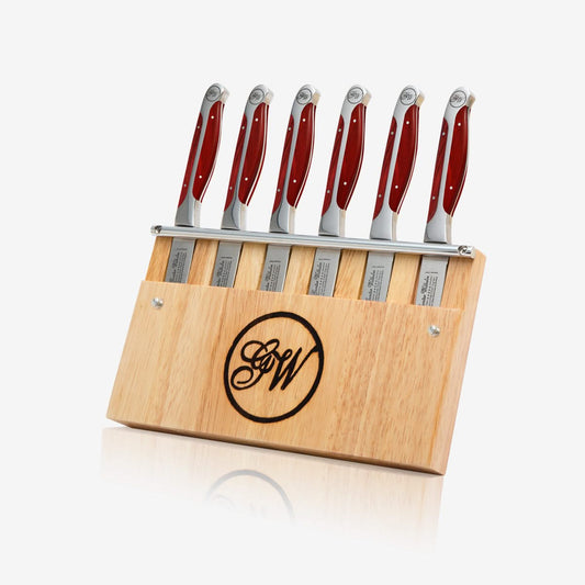 Refurbished 7pc Steak Knife Set with Extended Woodblock – 6 Partially Serrated Knives