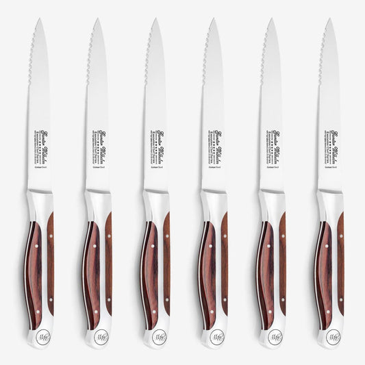 Refurbished Partially Serrated Steak Knives Set of 6 – 5" Brown Pakkawood