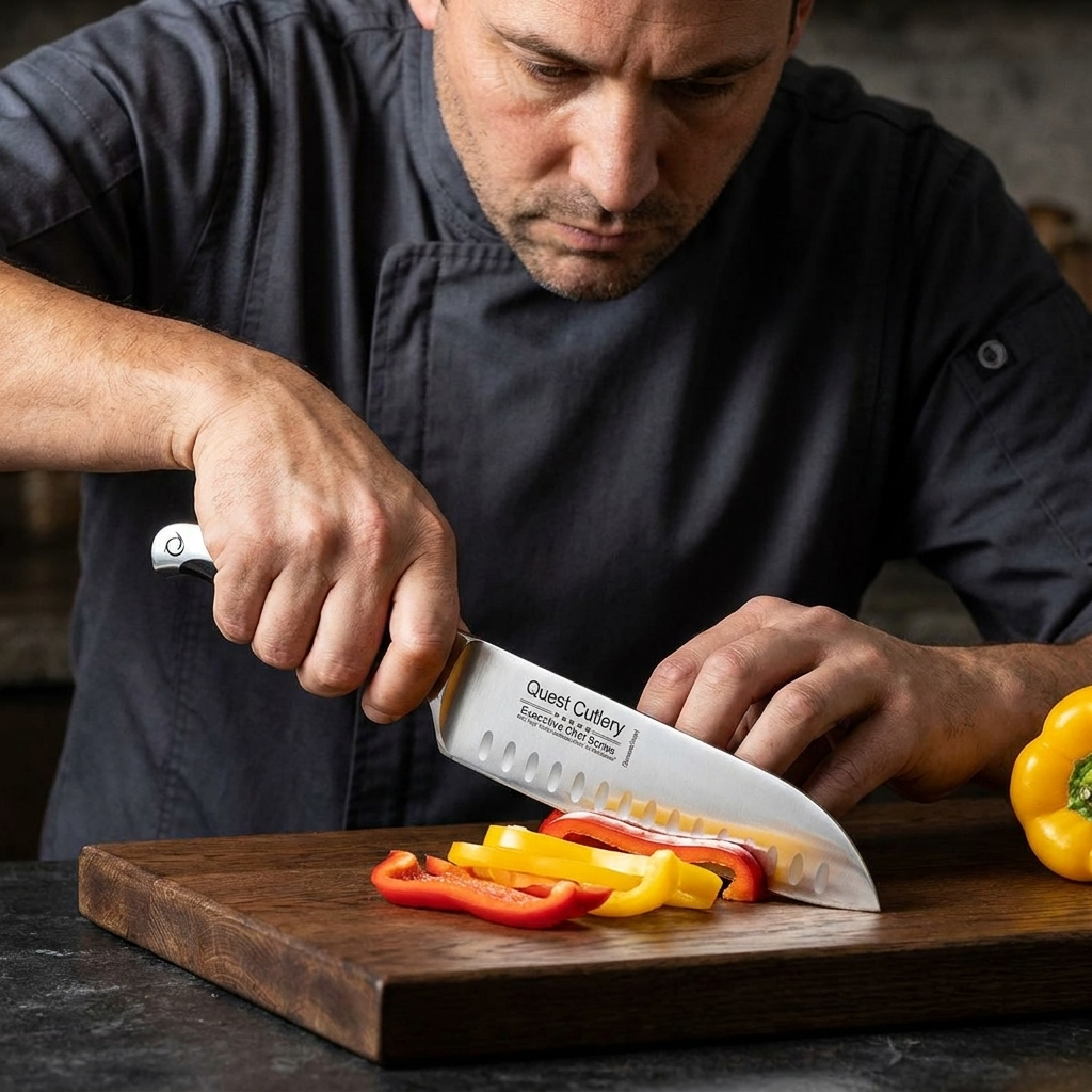 Quest Cutlery 7" Santoku Knife – Forged German Steel, Dark Pakkawood Handle