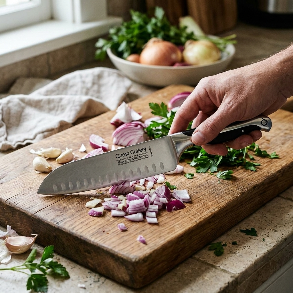 Quest Cutlery 7" Santoku Knife – Forged German Steel, Dark Pakkawood Handle